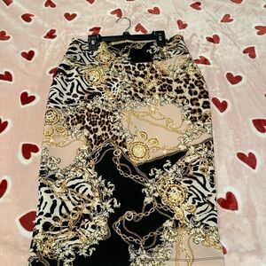 Thalia Sodi Black and Gold Animal Print Pencil Skirt